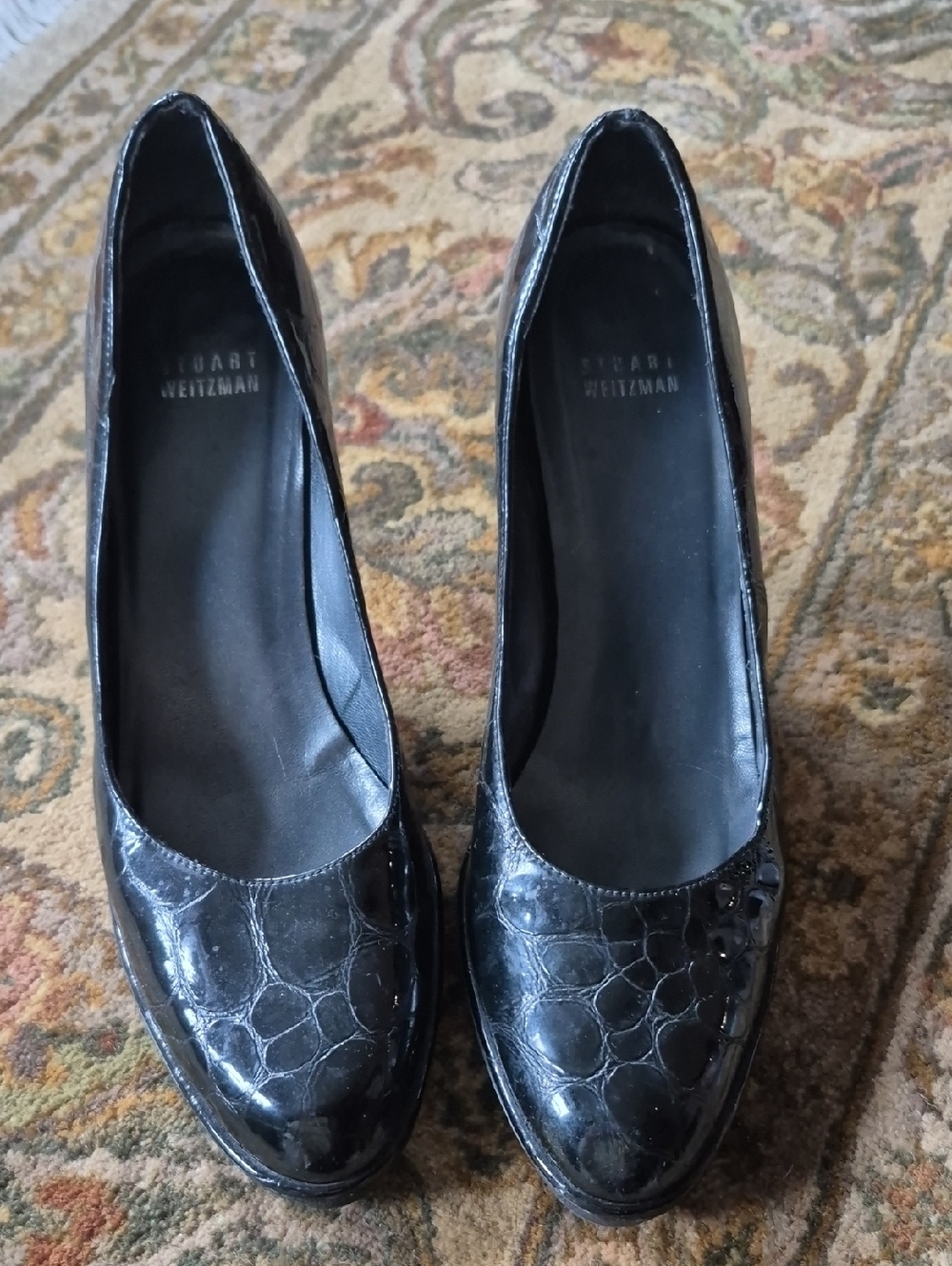 Stuart Weitzman Black Patent Croc-Embossed Pumps